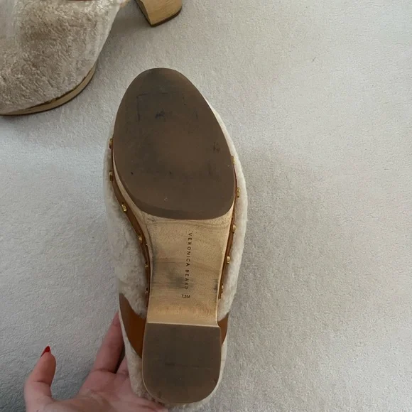 Veronica Beard Beige Shearling Clog Mules with Brown Leather Strap - Picture 4 of 4